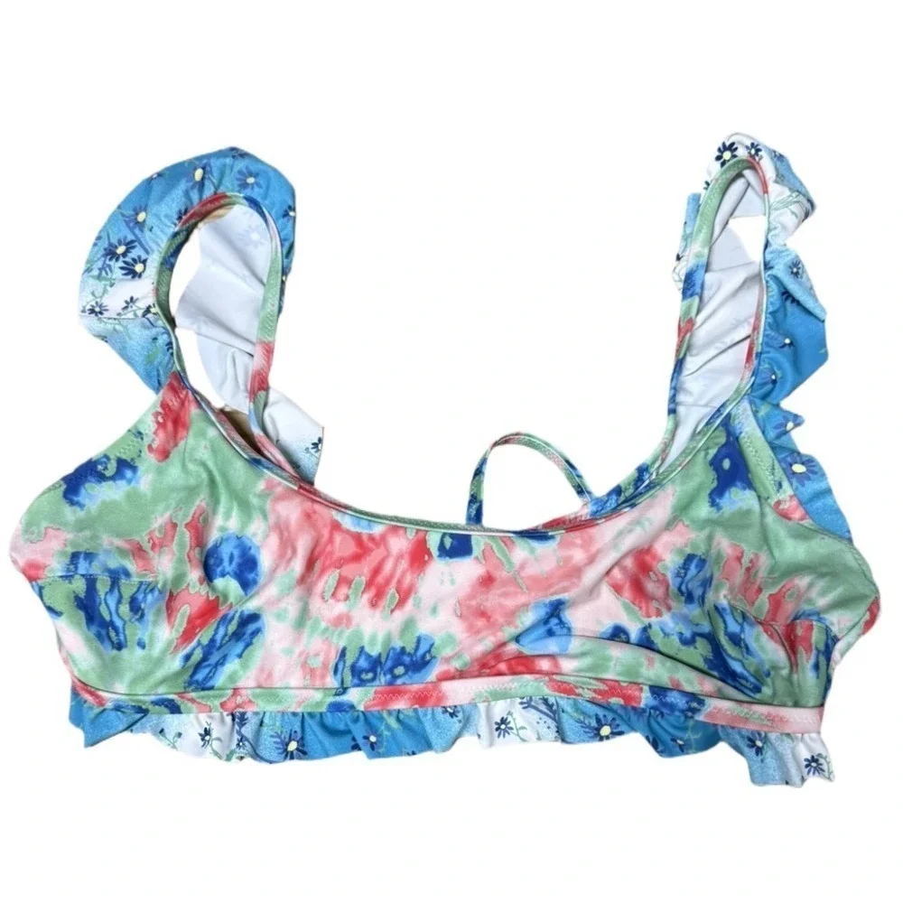 Aerie Floral Scoop Back Square Neck Bikini Top Tie Back Blue Size Large